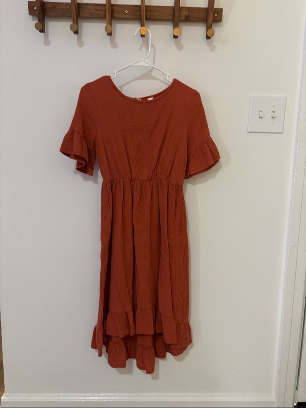 Rust Orange Ruffle-Sleeve Dress